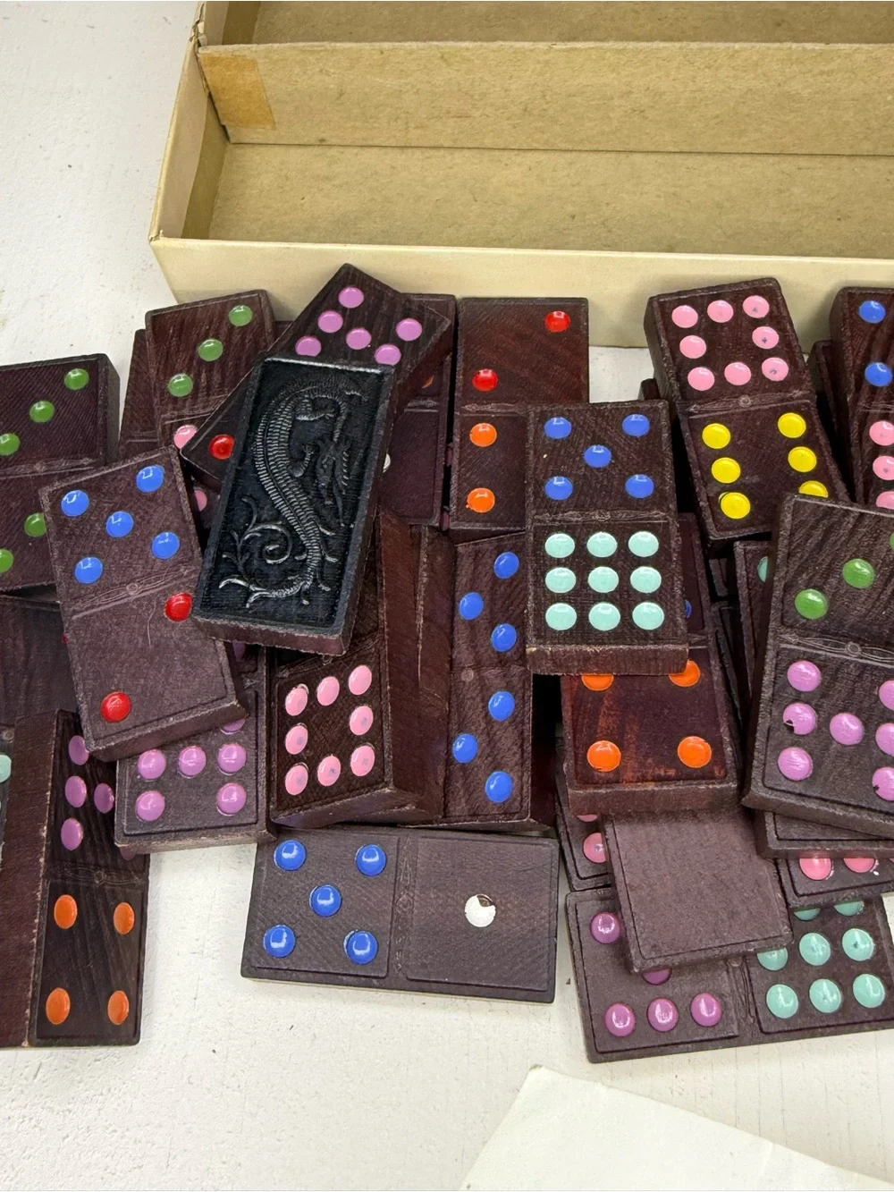 Vintage Dragon Dominoes with colored dots by Halsam Set Box GUC 920-C 55 Pieces